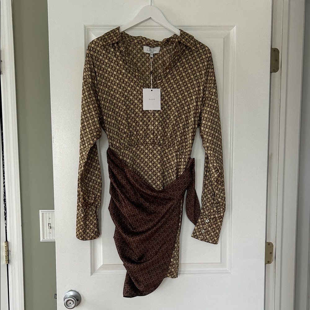 L'Academie Brown Patterned Long Sleeve Draped Dress